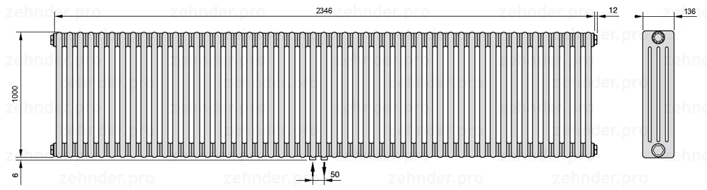 Схема (чертеж) Радиатор Zehnder Charleston 4100/51 №3470 Белый глянцевый RAL 9016